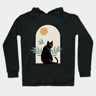 Вoho minimalist black cat with plants and sun Hoodie